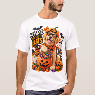 お菓子目当てに来たよ ハロウィンの犬の面白いデザイン Tシャツ