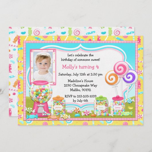 お菓子誕生日パーティーの招待 招待状 (正面/裏面)
