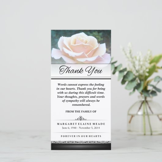 お葬式に感謝ホワイトローズの言葉は表現できない サンキューカード (スタンド正面)