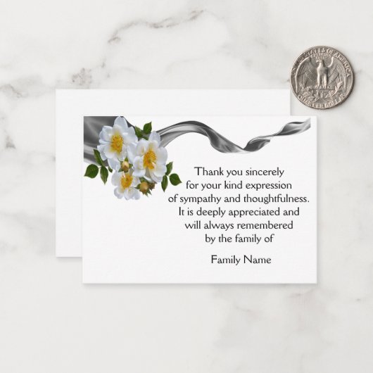 お葬式の後に黒いリボンの白いバラありがとう ノートカード (正面/裏面インサイチュ)