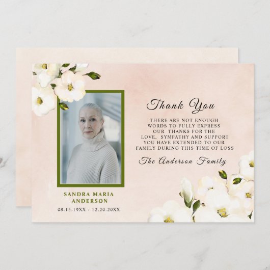 お葬式の水彩フローラピンクの写真ありがとう  サンキューカード (正面/裏面)