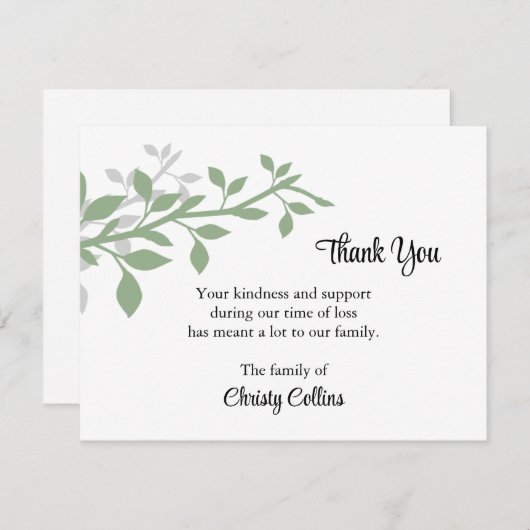 お葬式カード、緑と灰色の枝 ノートカード (正面/裏面)