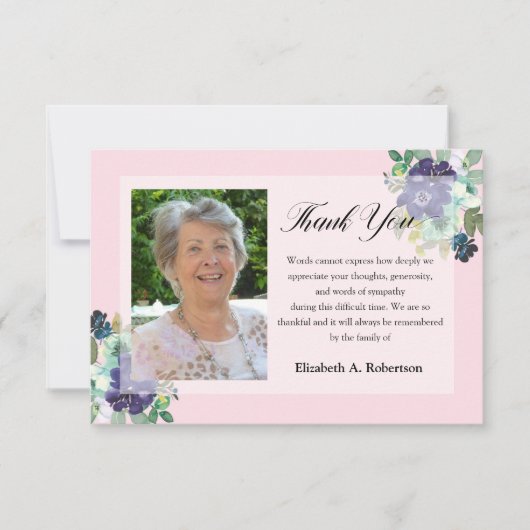 お葬式フォトピンクに紫の花ありがとう サンキューカード (正面)