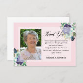 お葬式フォトピンクに紫の花ありがとう サンキューカード (正面/裏面)