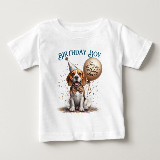 お誕生日おめでとうございます ビーグル犬風船 カスタム ベビーTシャツ (正面)
