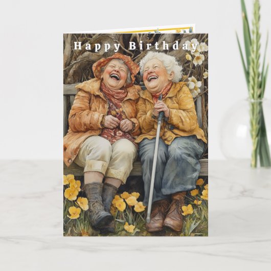 お誕生日おめでとうございます 二人のおかしな笑顔の女性たち カード (正面)