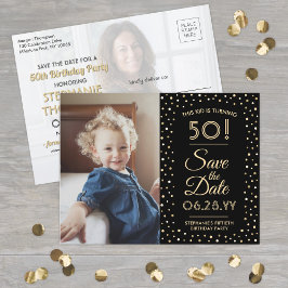 お誕生日おめでとうございます 2 枚の写真 ブラック ゴールドの Save the Date インビテーションポストカード