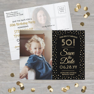 お誕生日おめでとうございます 2 枚の写真 ブラック ゴールドの Save the Date インビテーションポストカード