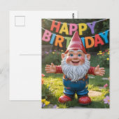 お誕生日おめでとうのバナーを掲げる陽気な庭の小人 ポストカード (正面/裏面)