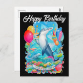 お誕生日おめでとうイルカの被ったパーティー帽 ポストカード (正面/裏面)