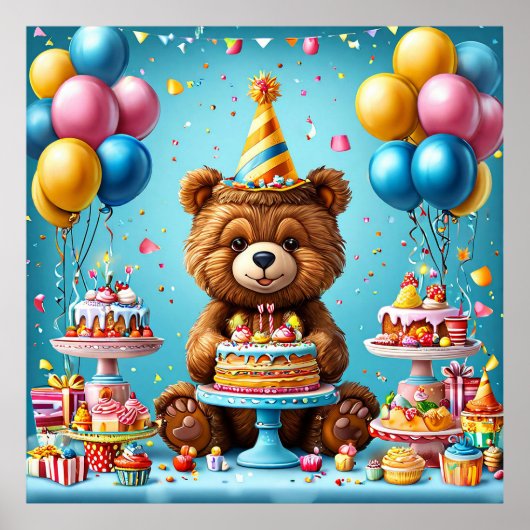 お誕生日おめでとうクマの子供たちのお祝い飾り ポスター (正面)