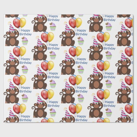 お誕生日おめでとうサルと風船パーティー ラッピングペーパー (フラット)