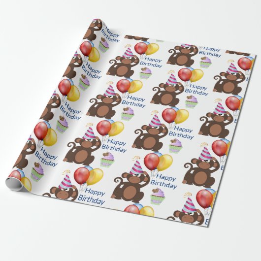 お誕生日おめでとうサルと風船パーティー ラッピングペーパー (アンロールド)