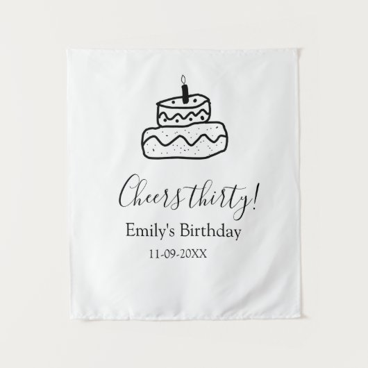 お誕生日おめでとう三十歳の黒い落書きの手描きケーキ タペストリー (正面)