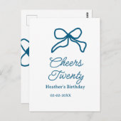 お誕生日おめでとう二十青いおリボン名前日付ボヘミアンレトロ ポストカード (正面/裏面)