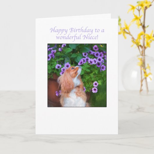 お誕生日おめでとう姪のキャバリアキングチャールズドギ― カード (黄色い花)