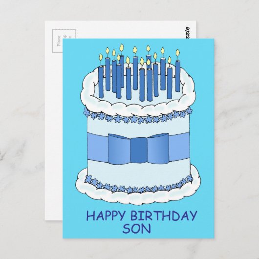 お誕生日おめでとう息子さん カートゥーンケーキとろうそく ポストカード (正面/裏面)