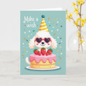 お誕生日おめでとう犬のケーキカード カード (黄色い花)