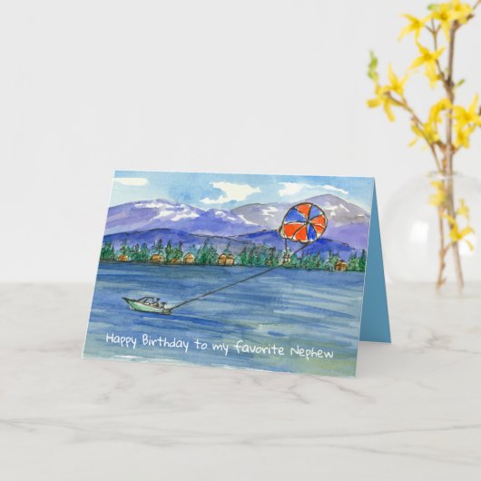 お誕生日おめでとう甥パラセーリング山湖 カード (黄色い花)