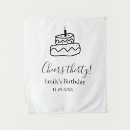 お誕生日おめでとう３０歳の誕生日ケーキ黒い落書き手 タペストリー