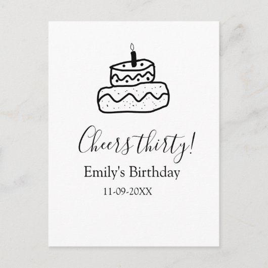 お誕生日おめでとう３０歳の誕生日ケーキ黒い落書き手 ポストカード (正面)