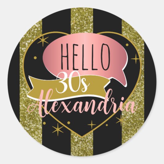 お誕生日おめでとう３０歳 ３０  ゴールド グリッター ストライプ ハート ラウンドシール (正面)