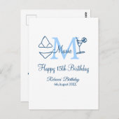 お誕生日おめでとう15歳 青い名前のイニシャルが入ったビキニ ポストカード (正面/裏面)