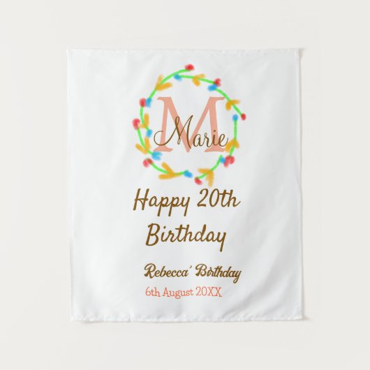 お誕生日おめでとう20歳 赤 名入れ モノグラム 花輪 タペストリー (正面)