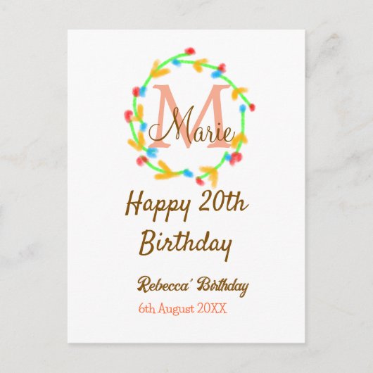 お誕生日おめでとう20歳 赤 名入れ モノグラム 花輪 ポストカード (正面)
