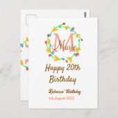 お誕生日おめでとう20歳 赤 名前 モノグラム 花輪 ポストカード (正面/裏面)