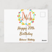 お誕生日おめでとう20歳 赤 名前 モノグラム 花輪 ポストカード (裏面)