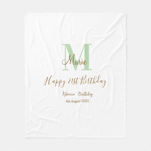 お誕生日おめでとう21歳 名前 グリーン ブラウン モノグラム フリースブランケット (正面)