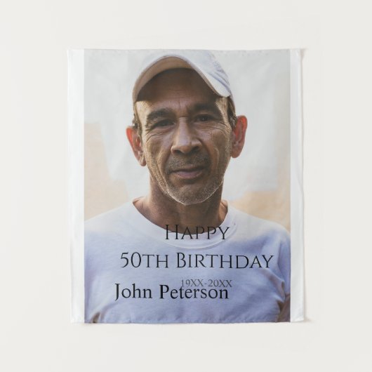 お誕生日おめでとう50歳名前写真年男性シンプルミニ タペストリー (正面)