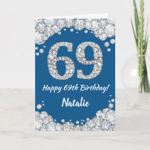 お誕生日おめでとう69歳 青と銀のグリッターカード カード