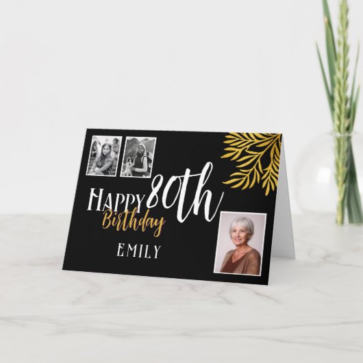 お誕生日おめでとう80歳 ゴールドの葉 3枚の写真 カード (正面)