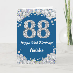 お誕生日おめでとう88歳 青と銀のグリッターカード カード