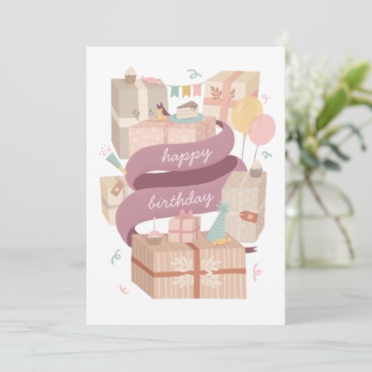 お誕生日おめでとう。かわいいパーティーのケーキとプレゼント (スタンド正面)