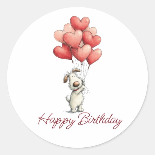 お誕生日おめでとう かわいい犬の風船 ラウンドシール (正面)