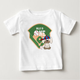 お誕生日おめでとう!かわいい野球の子犬 1歳 ベビーTシャツ