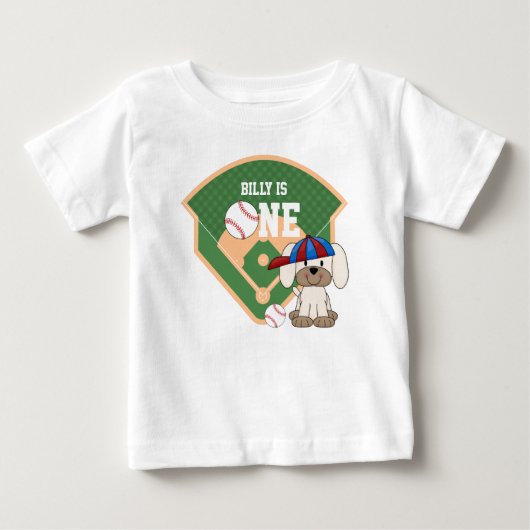 お誕生日おめでとう！かわいい野球の子犬 1歳 ベビーTシャツ (正面)