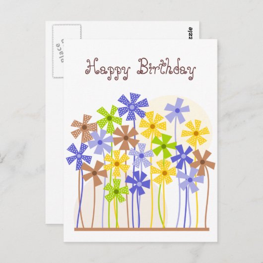 お誕生日おめでとう かわいい青い黄色の茶色の花 ポストカード (正面/裏面)