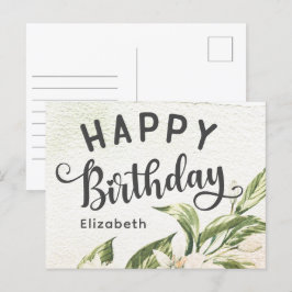 お誕生日おめでとう ウォーターカラー グリーン 花 エレガント ポストカード