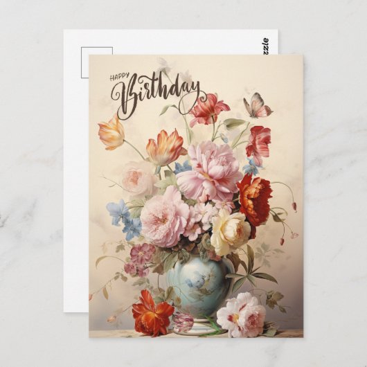 お誕生日おめでとう エレガントなヴィクトリアンフラワー ポストカード (正面/裏面)