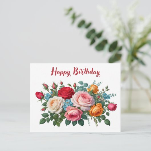 お誕生日おめでとう エレガント ヴィンテージ ローズ ポストカード (スタンド正面)