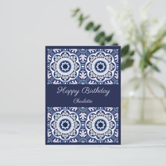 お誕生日おめでとう カスタマイズ可能 青いアズレホス ポストカード (スタンド正面)