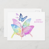お誕生日おめでとう,カラフルな蝶々, 水彩 ポストカード (正面/裏面)