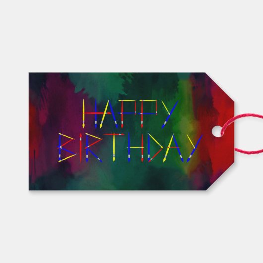 お誕生日おめでとう カラフル アーティスト ペイント ブラシ スプラッター ギフトタグ (正面(横))