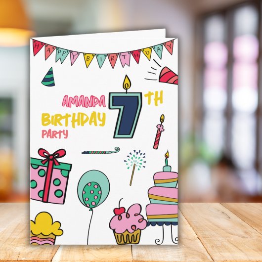 お誕生日おめでとう カラフル 7歳の誕生日パーティーのご挨拶 カード