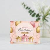 お誕生日おめでとう ギフト 愛 ケーキ ゴールド ピンク 風船 ポストカード (スタンド正面)