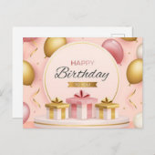 お誕生日おめでとう ギフト 愛 ケーキ ゴールド ピンク 風船 ポストカード (正面/裏面)